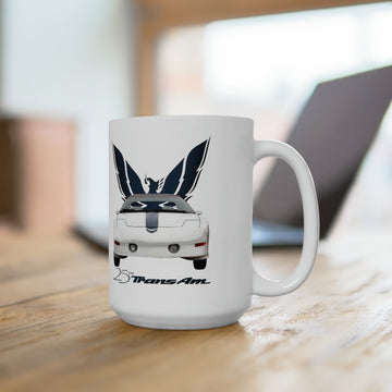 1994 25th anniversary TA 15oz ceramic mug, microwave and dishwasher safe, features white car graphic.