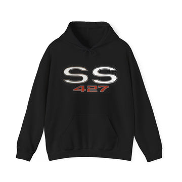 SS 427 Logo Hoodie, unisex black with kangaroo pocket and drawstrings.