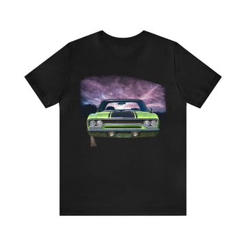 1970 Road Runner lightning series black short sleeve tee with green car print.