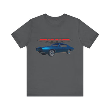 1968 Pontiac GTO Short Sleeve T-Shirt with classic car design on gray background.