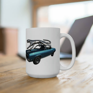 1969 Cougar 15oz ceramic mug with classic car image; dishwasher and microwave safe.