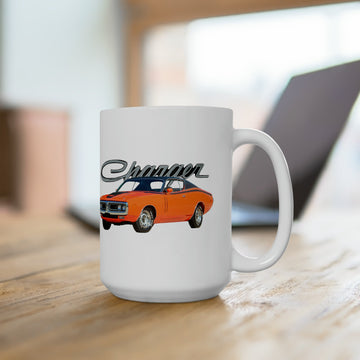 1971 Charger RT 15oz ceramic mug with vibrant car graphic design.