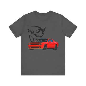 2018 Dodge Challenger Demon Short Sleeve T-Shirt in dark gray with red car graphic.