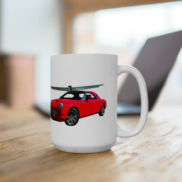 2002 T-Bird 15oz ceramic mug featuring a red car design, dishwasher and microwave safe.
