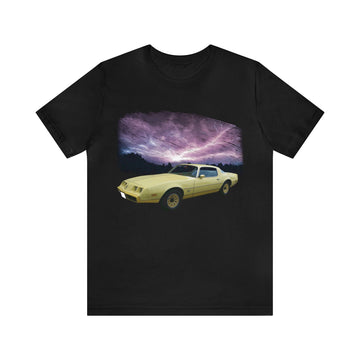 1980 Yellow Bird Firebird lightning series short sleeve tee, black with car design.