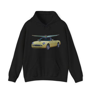 2002 T-Bird Hoodie with car graphic, unisex heavy blend, cotton-polyester.