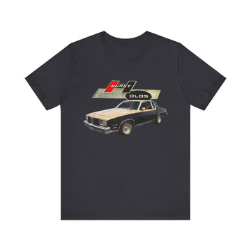 1979 Hurst Olds Cutlass 442 short sleeve tee with car graphic design.