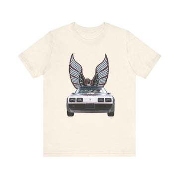 1979 Pontiac 10th Anniversary Firebird Trans AM short sleeve tee featuring vintage car design on cream fabric.