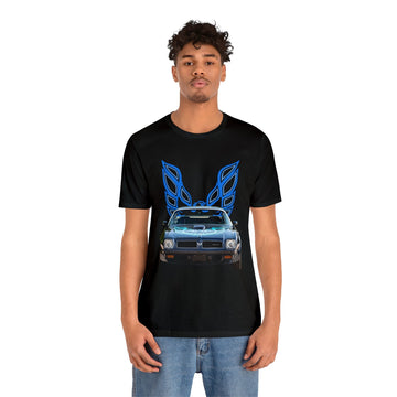 1974 Firebird Trans AM Short Sleeve Tee with blue car graphic design.