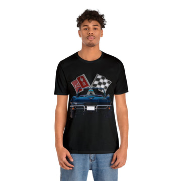 1965 Corvette Short Sleeve Tee with car graphic design on black fabric.