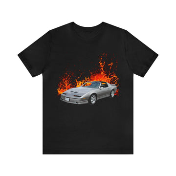 1989 Firebird Trans AM GTA lava series short sleeve tee with fiery car graphic.