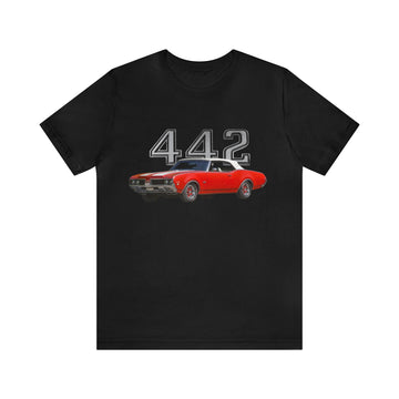 1969 Olds Cutlass 442 short sleeve tee with red car graphic on black fabric.