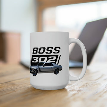 1970 Mustang 302 15oz ceramic mug with vintage car design, dishwasher and microwave safe.