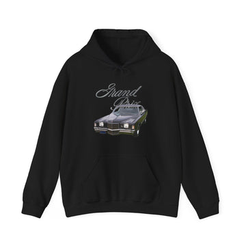 Black 1972 Grand Prix Hoodie with classic car graphic and kangaroo pocket.