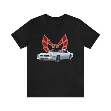 1976 Firebird Trans AM Short Sleeve Tee with car print and red emblem design.