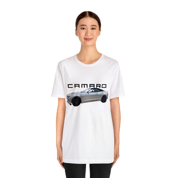 2016 Camaro Short Sleeve Tee with car graphic design on white fabric.