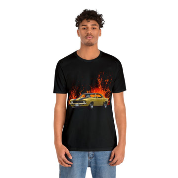 Unisex t-shirt featuring 1969 Camaro Z28 in lava series design, black short sleeve.