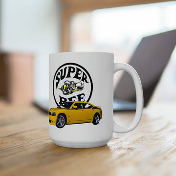 2007 Super Bee 15oz Ceramic Mug with yellow car graphic, dishwasher and microwave safe.
