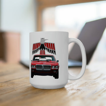 1969 Firebird 15oz ceramic mug with classic car design, microwave and dishwasher safe.
