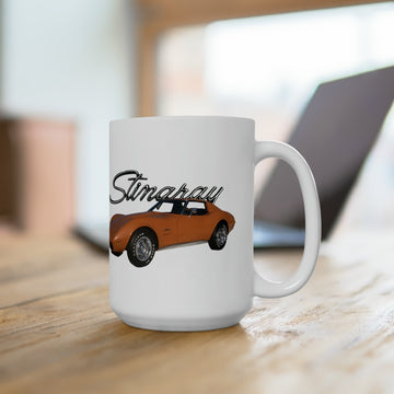 1974 Corvette Stingray 15oz ceramic mug on a table.