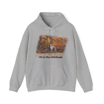 Whippet Fall Attitude Hoodie with autumn design and kangaroo pocket.