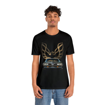 1977 Trans AM SE Bandit Short Sleeve Tee with classic car graphic, black color, worn by male model.