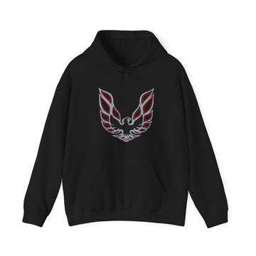 Firebird Trans AM LOG red and gray hoodie with kangaroo pocket and drawstring.