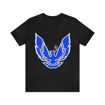 3rd Gen Firebird Trans AM short sleeve tee with blue phoenix graphic on black fabric.
