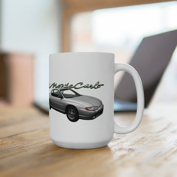 2002 Monte Carlo 15oz ceramic mug with car graphic on wooden table.