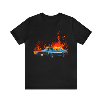 1970 Challenger RT lava series short sleeve tee with vibrant car print.