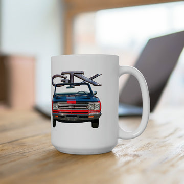 1969 GTX 15oz ceramic mug with classic car design, dishwasher and microwave safe.