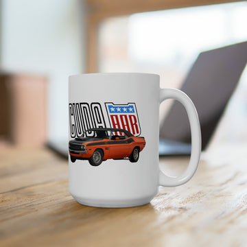 1970 AAR Cuda 15oz ceramic mug with vintage car graphic, dishwasher, microwave safe.