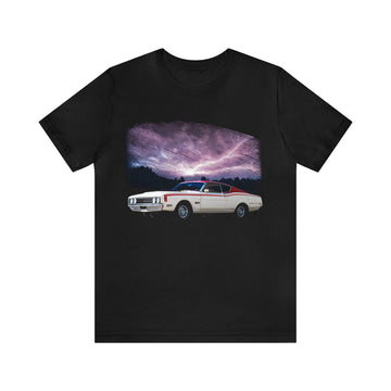 1969 Cyclone Spoiler lightning series short sleeve tee with car graphic.