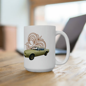 1980 Firebird Yellow Bird 15oz ceramic mug on wooden table.