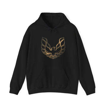 Bandit Trans AM Logo Unisex Heavy Blend™ Hoodie featuring gold emblem and kangaroo pocket.