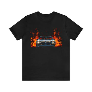 1976 Trans AM SE lava series short sleeve tee with fiery car design.