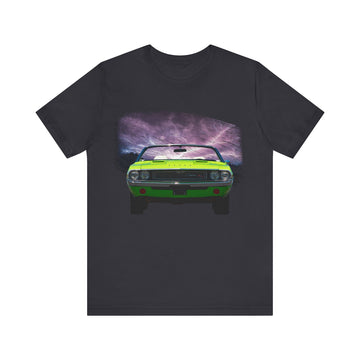 1970 Challenger lightning series short sleeve tee with green car graphic.