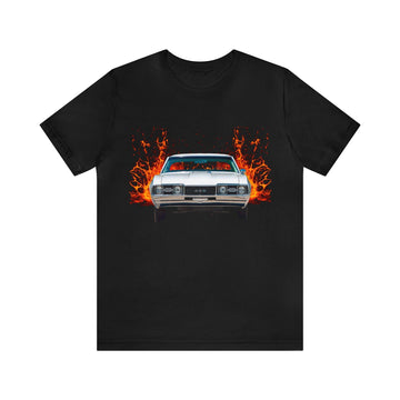 1968 Olds Cutlass 442 lava series short sleeve tee with car graphic on black shirt.