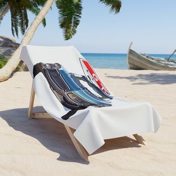 1967 GTO beach towel in chair on sandy beach with free shipping