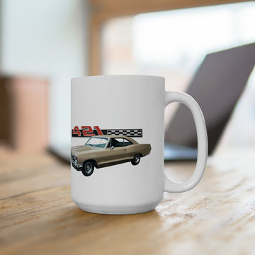 1965 Catalina 15oz Ceramic Mug on table, showing vintage car design.