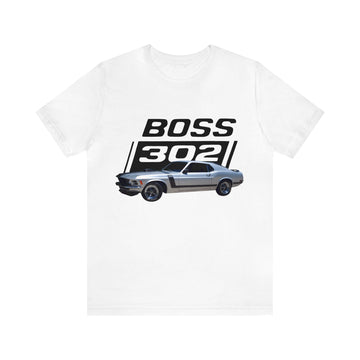 1970 302 Mustang Short Sleeve Tee with vintage car graphic design.