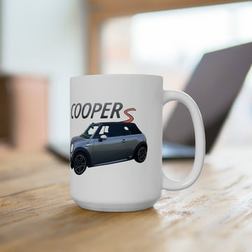2009 Mini Cooper S 15oz ceramic mug with graphic car design, dishwasher and microwave safe.