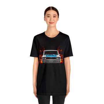 1970 Rebel The Machine Lava Series Short Sleeve Tee featuring vintage car graphic on black fabric.