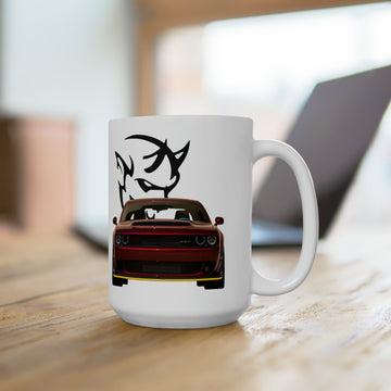 2018 Demon 15oz Ceramic Mug on wooden table, dishwasher and microwave safe, lead and BPA-free.