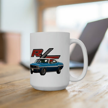 1970 Challenger RT 15oz ceramic mug with blue car design.