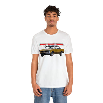 1965 GTO Short Sleeve Tee with vintage car design, made of soft cotton, unisex fit.