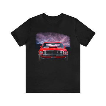 1969 Mustang 302 lightning series short sleeve tee with red car graphic on black fabric.