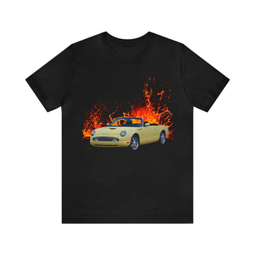2002 T-Bird in our lava series short sleeve tee with yellow car design and fiery background.