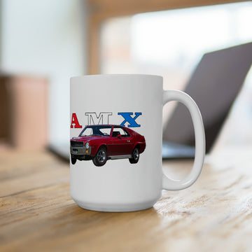 1969 AMX 15oz ceramic mug with red car graphic, dishwasher and microwave safe.