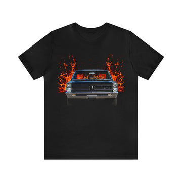 1965 GTO lava series short sleeve tee with classic car design on black fabric.